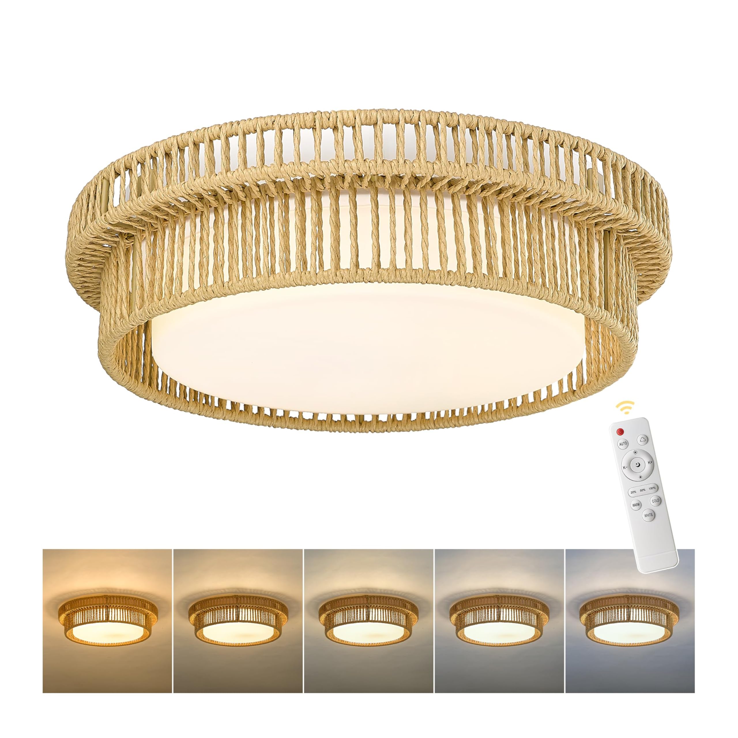 LED Rattan Ceiling Light, HWH Boho Light Fixtures Ceiling